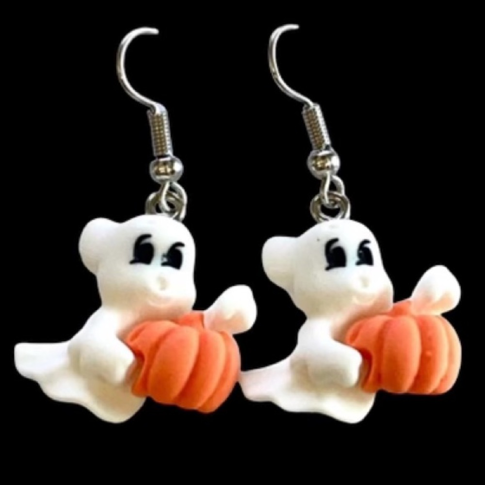 Friendly Ghost Holding Pumpkin Halloween Holiday Earrings - Picture 2 of 7